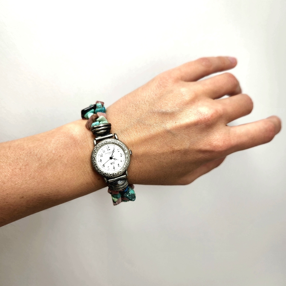 Vintage Multicolor Beaded Watch "West" Turquoise Chrysoprase Gemstone Silver